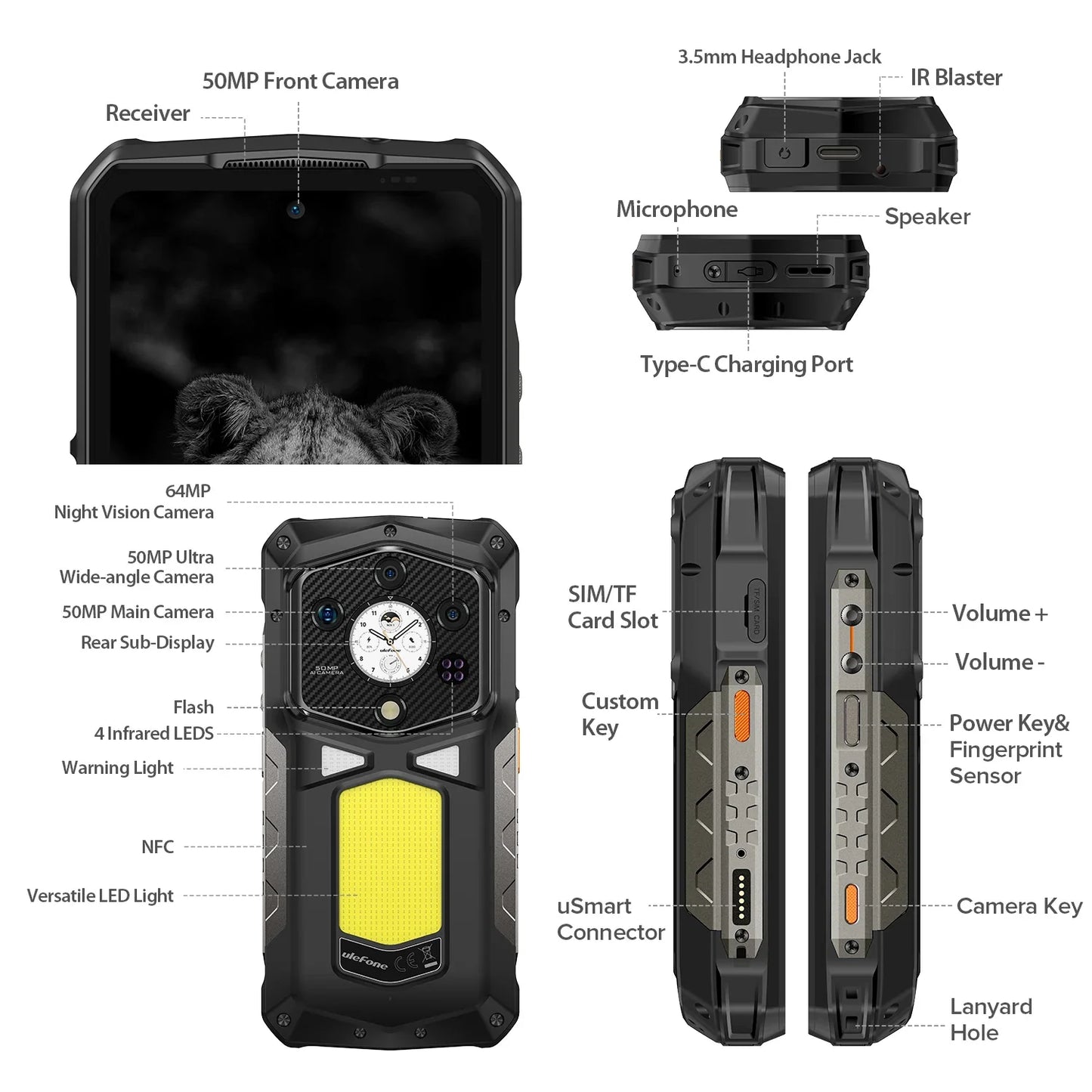 Ulefone Armor 29 PRO 5G Rugged Phone with Dual Display, 21200mAh Battery 120W Fast Charge, 6.67" FHD+ AMOLED IP68 Waterproof, 32GB+512GB Android 15, 64MP Night Vision Camera, NFC