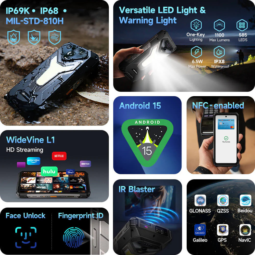 Ulefone Armor 34 PRO Plus 5G Rugged Phone with Projector, 25500mAh Battery 66W Fast Charge, 6.95" FHD+ IP68 Waterproof, 32GB+512GB Android 15, 64MP Camera, NFC, IR Blaster